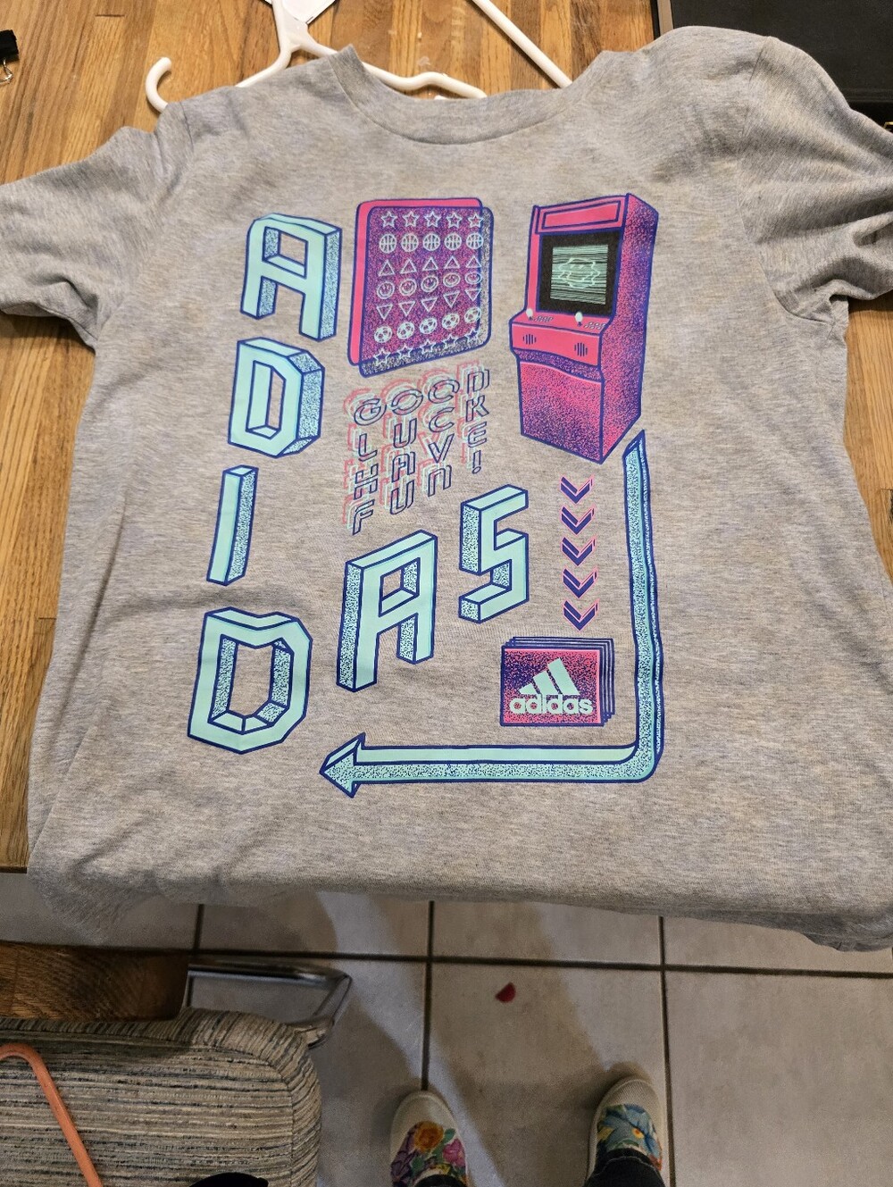 adidas Gray Tee with Teal & Pink Arcade Graphic